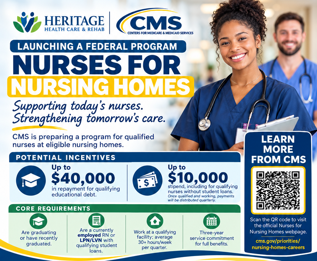 CMS Nurses for Nursing Homes federal program flyer featuring Heritage Health Care & Rehab